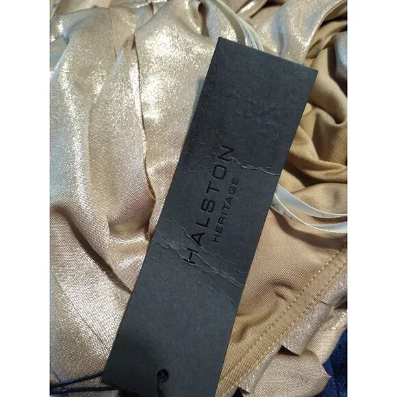 Halston Heritage Halter Dress Womens XS Gold Metallic Fringe Strips Cocktail NWT - Picture 11 of 12